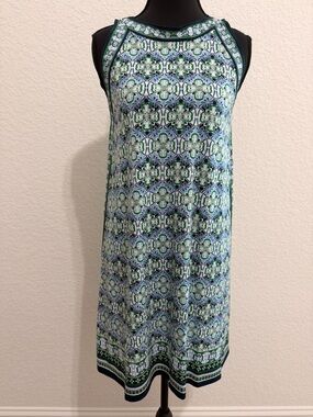 Max Studio Sleeveless Shift Dress | Blue Green Geometric Moroccan Print Dress